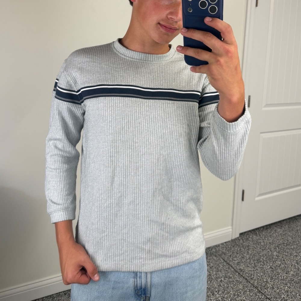 Xtreme Gear Y2K Crewneck Ribbed Sweater Gray Navy Stripe Mens Small Skater 00s